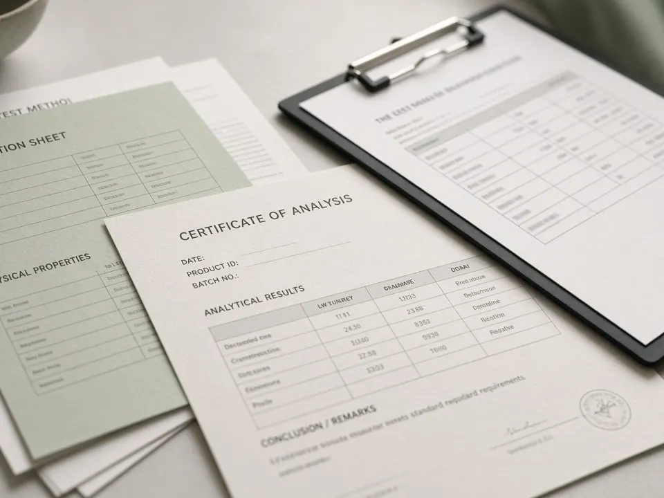 Specification and quality documents on a desk.